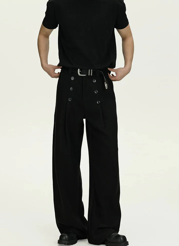 High-Waisted Pleated Wide Leg Trousers with Button Details - Image 5