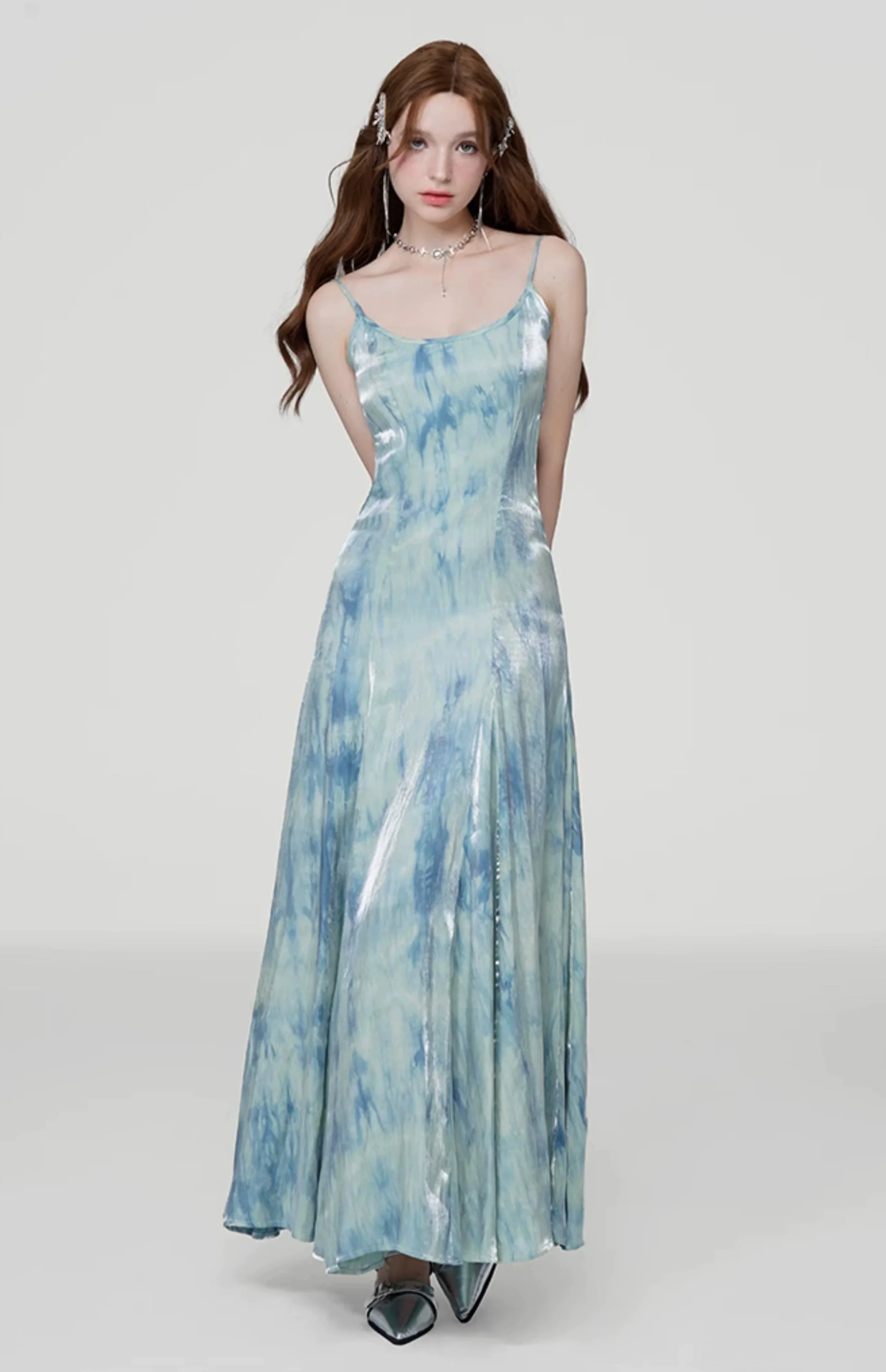 Iridescent Tie-Dye Spaghetti Strap Flared Maxi Dress - Image 2