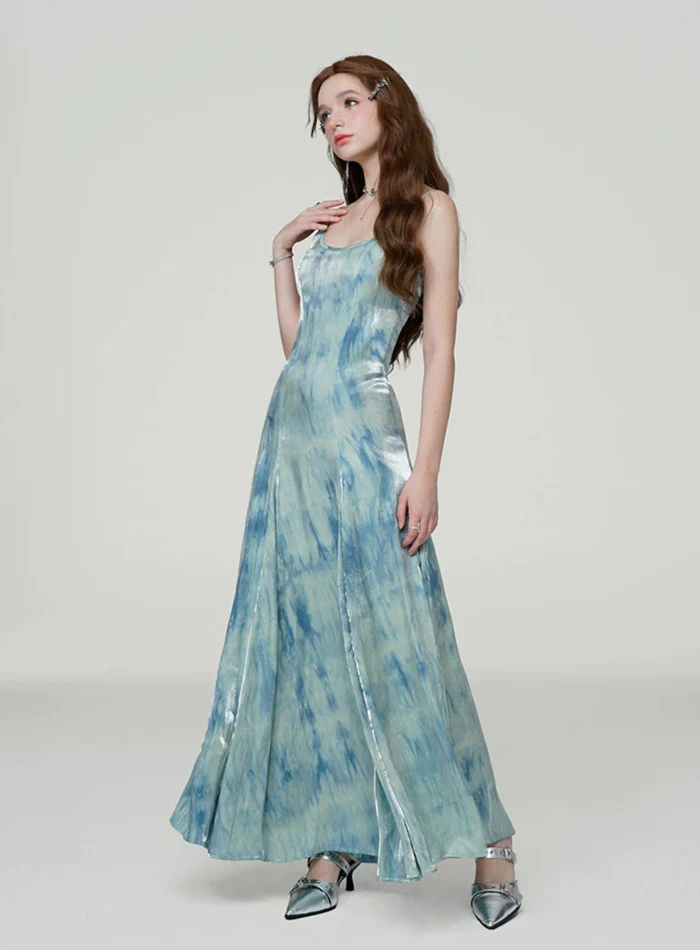Iridescent Tie-Dye Spaghetti Strap Flared Maxi Dress - Image 4