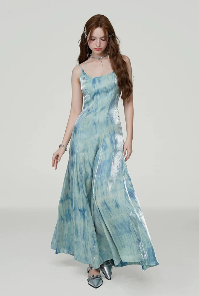 Iridescent Tie-Dye Spaghetti Strap Flared Maxi Dress - Image 5