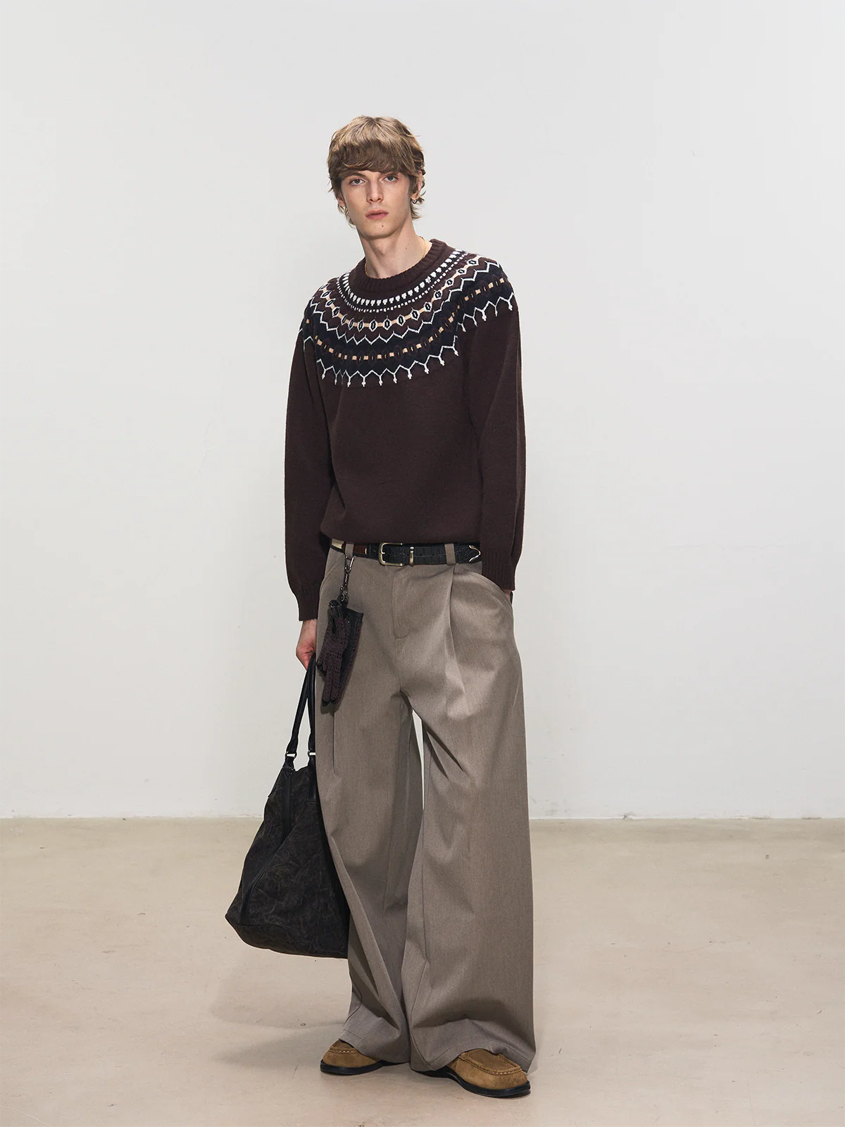 Jacquard Knit Crew Neck Sweater with Fair Isle Pattern - Image 4