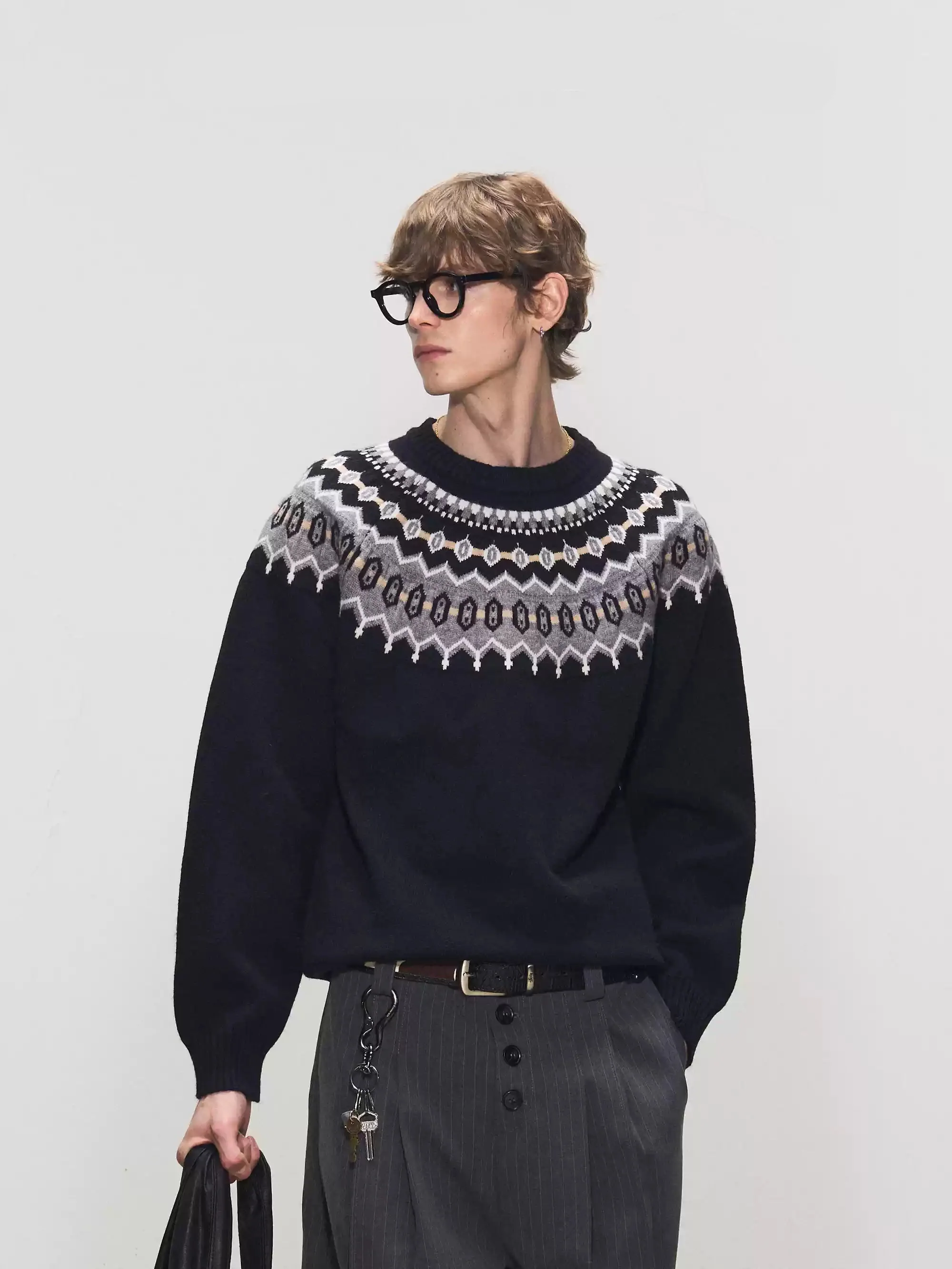 Jacquard Knit Crew Neck Sweater with Fair Isle Pattern - Image 5