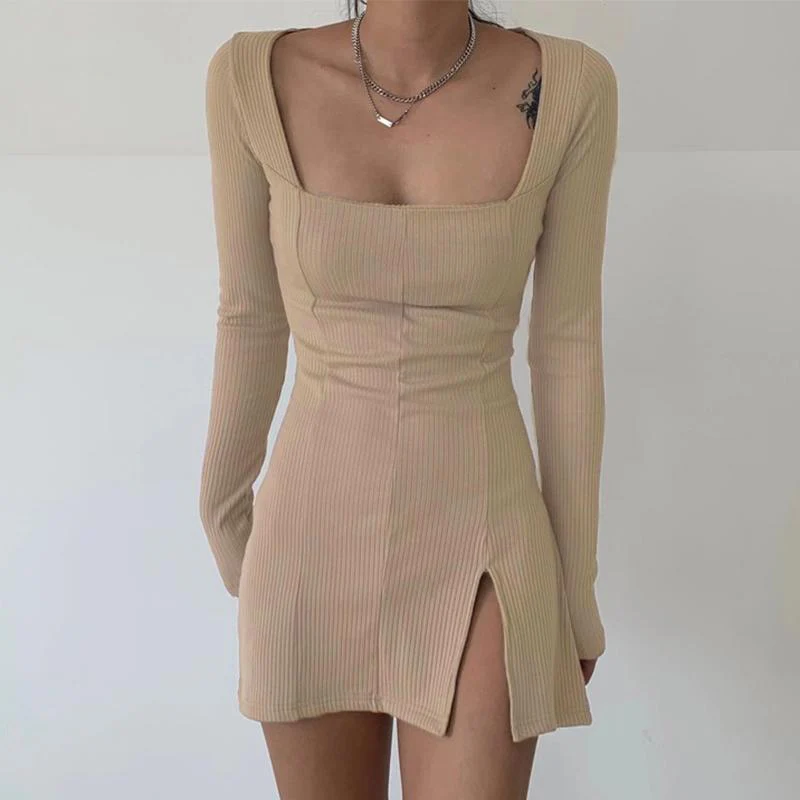 Knit Bodycon Mini Dress with Split Hem - Image 19
