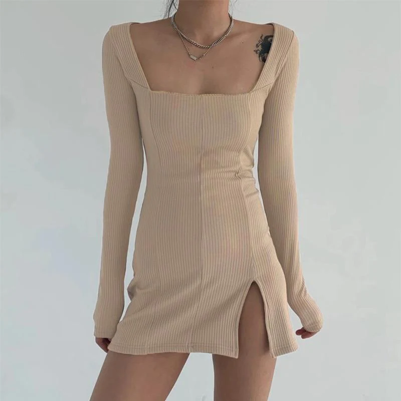 Knit Bodycon Mini Dress with Split Hem - Image 20