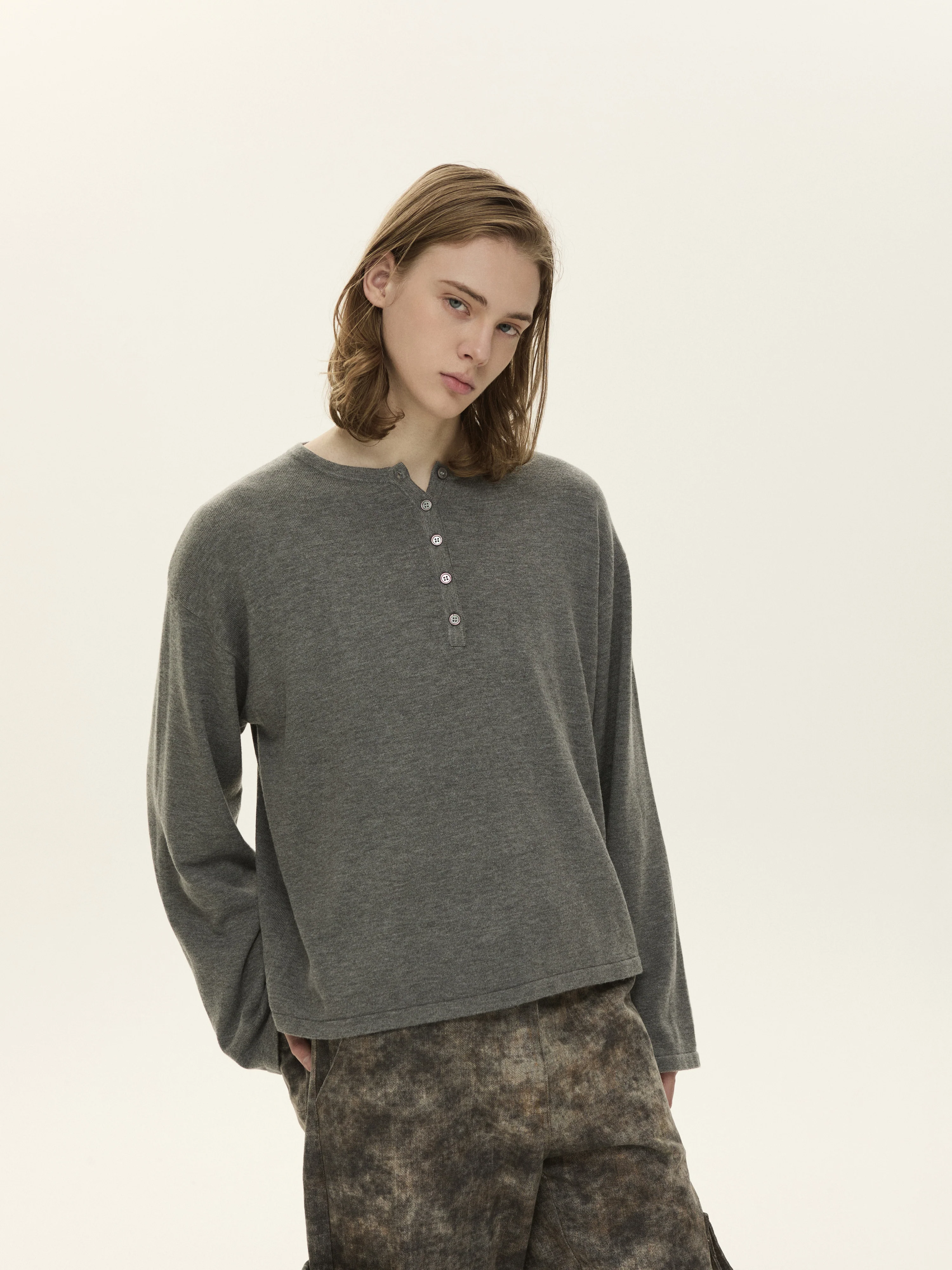 Knit Long Sleeve Henley Top with Button Placket - Image 5