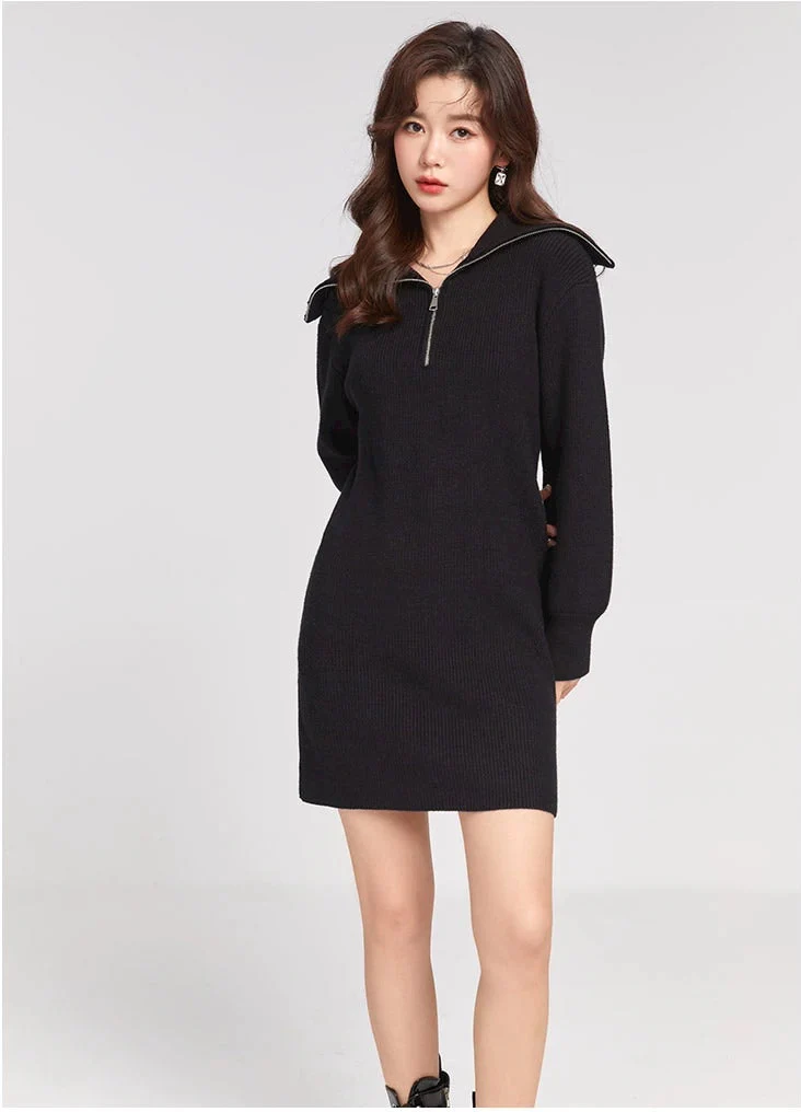 Knit Sweater Dress with Quarter-Zip Collar Detail - Image 5