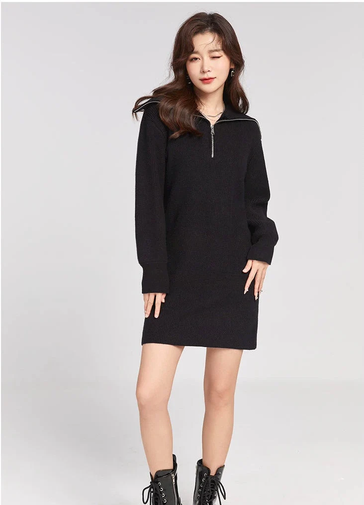 Knit Sweater Dress with Quarter-Zip Collar Detail - Image 6