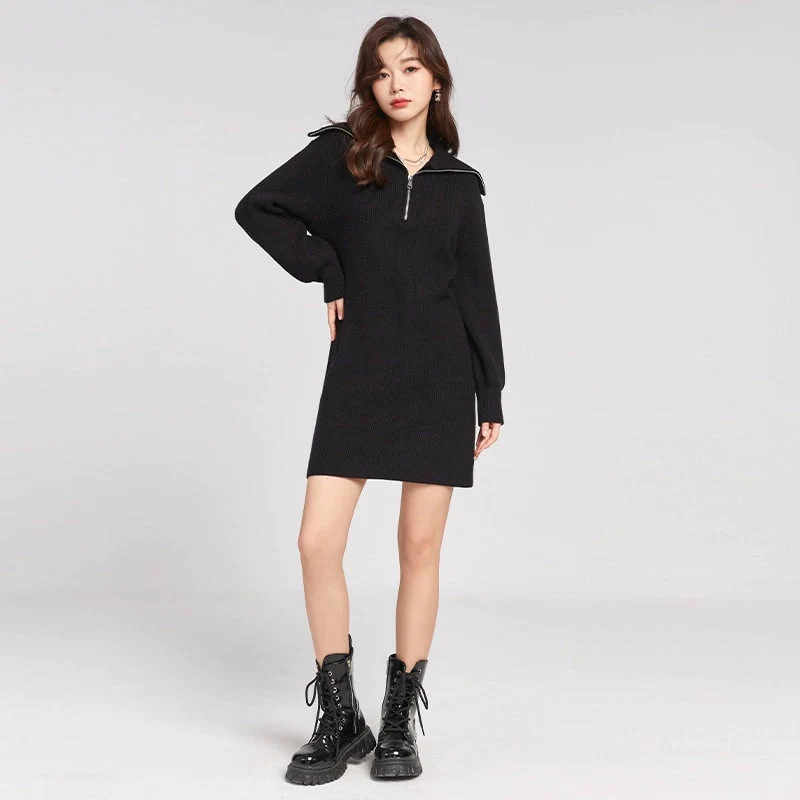 Knit Sweater Dress with Quarter-Zip Collar Detail - Image 8