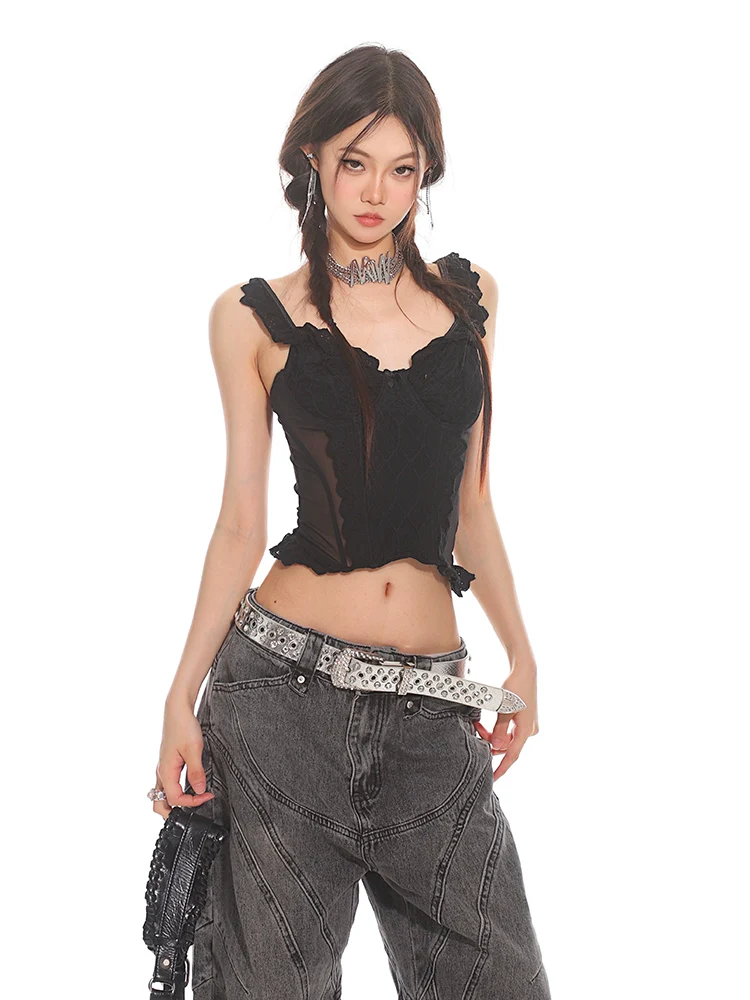 Lace Corset Crop Top with Ruffled Straps - Image 10