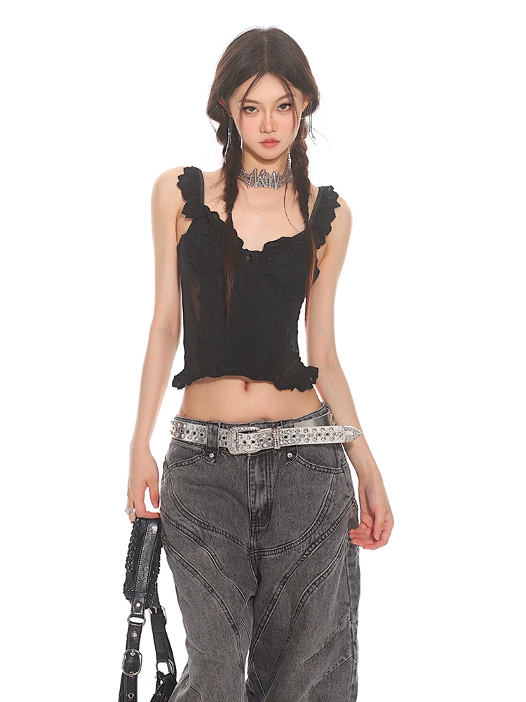 Lace Corset Crop Top with Ruffled Straps - Image 11