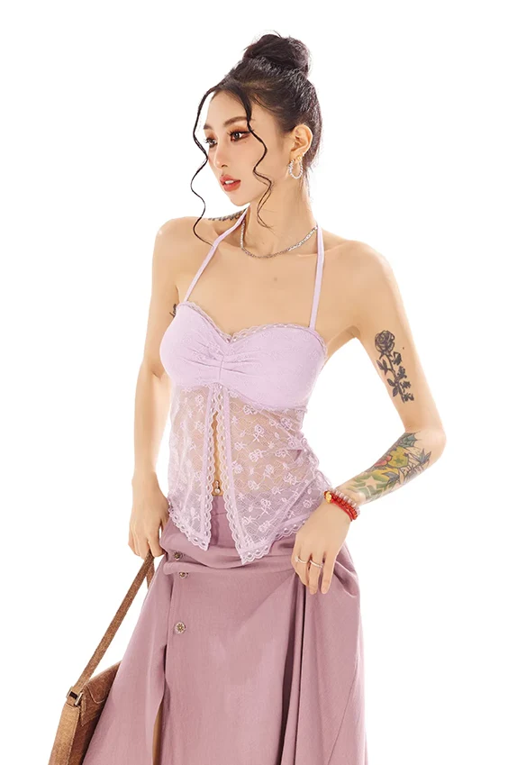 Lace Overlay Camisole Crop Top with Scalloped Hem - Image 10