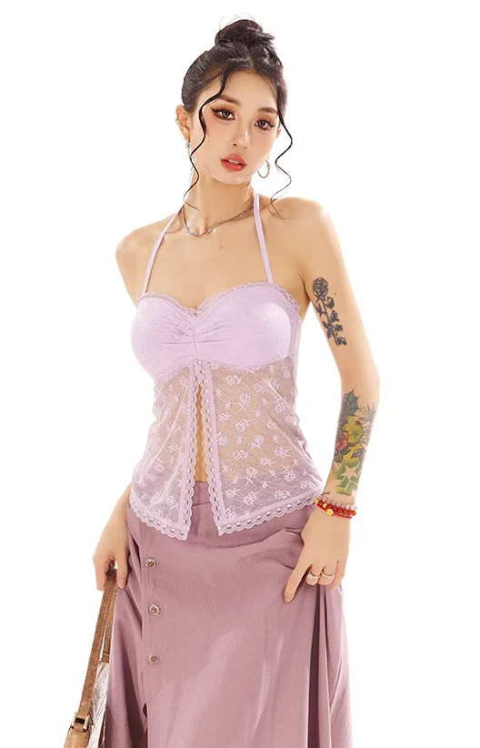 Lace Overlay Camisole Crop Top with Scalloped Hem - Image 11