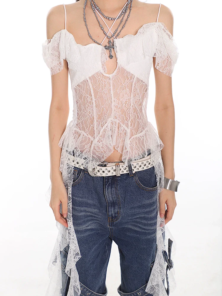 Lace Overlay Off-Shoulder Cropped Top with Hanging Ruffles - Image 10