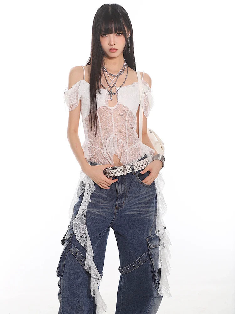 Lace Overlay Off-Shoulder Cropped Top with Hanging Ruffles - Image 12