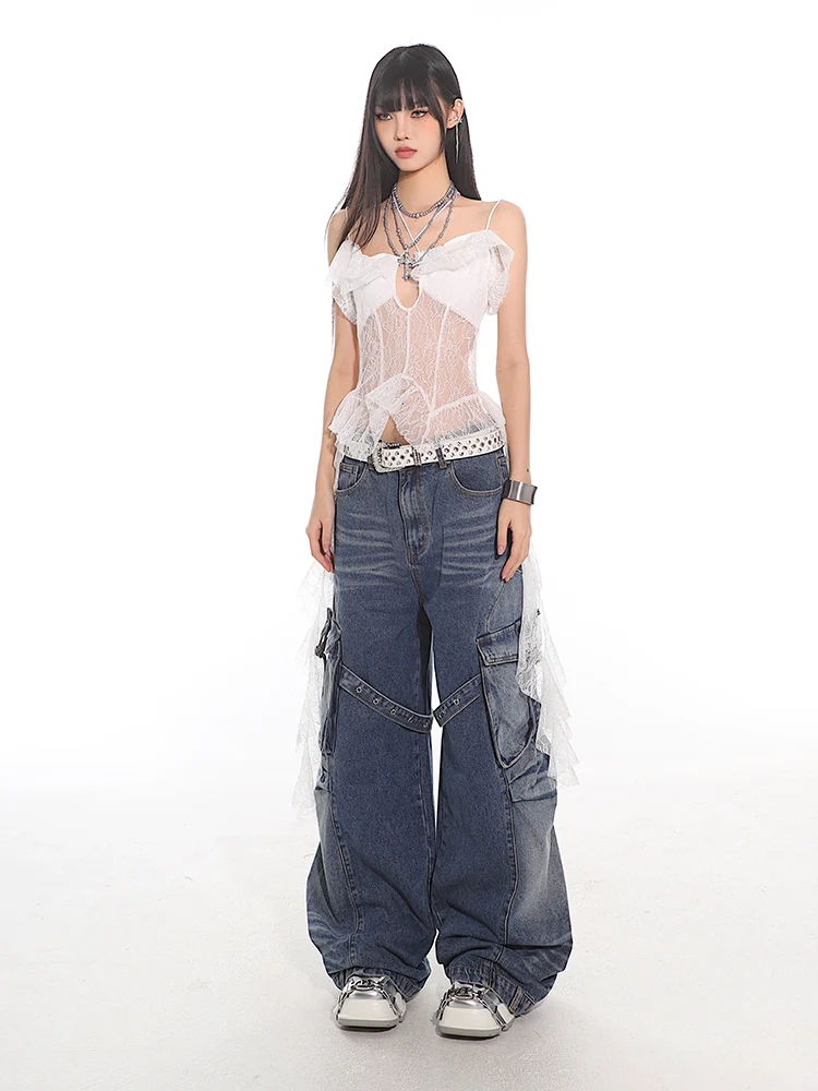 Lace Overlay Off-Shoulder Cropped Top with Hanging Ruffles - Image 16