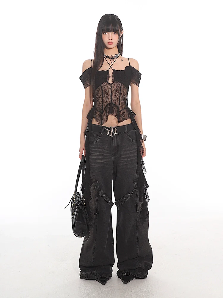 Lace Overlay Off-Shoulder Cropped Top with Hanging Ruffles - Image 4
