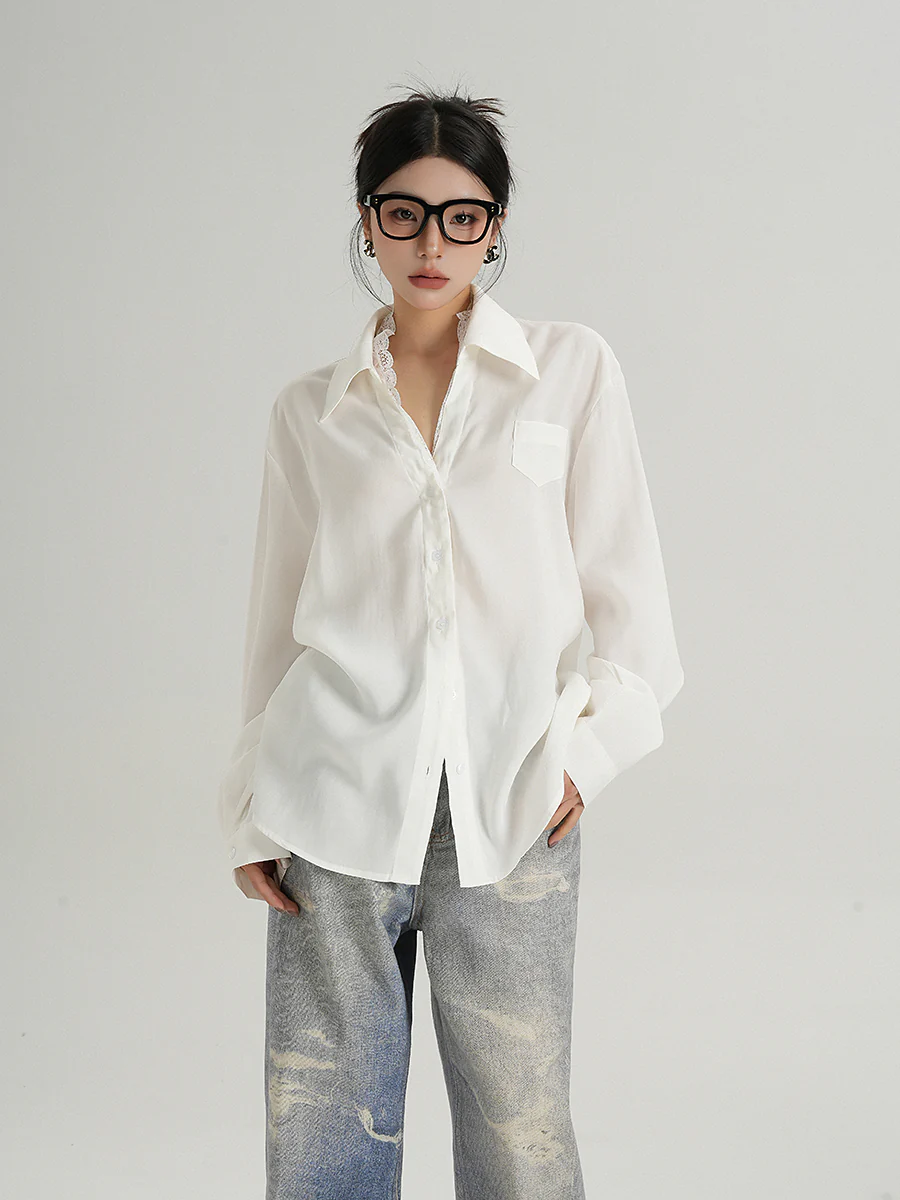 Lace Trim Button-Up Long Sleeve Blouse with Pocket
