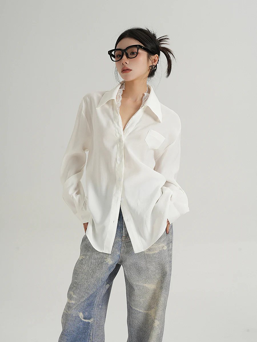Lace Trim Button-Up Long Sleeve Blouse with Pocket - Image 2