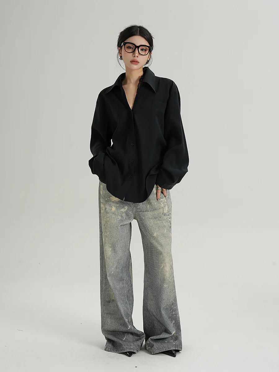 Lace Trim Button-Up Long Sleeve Blouse with Pocket - Image 5