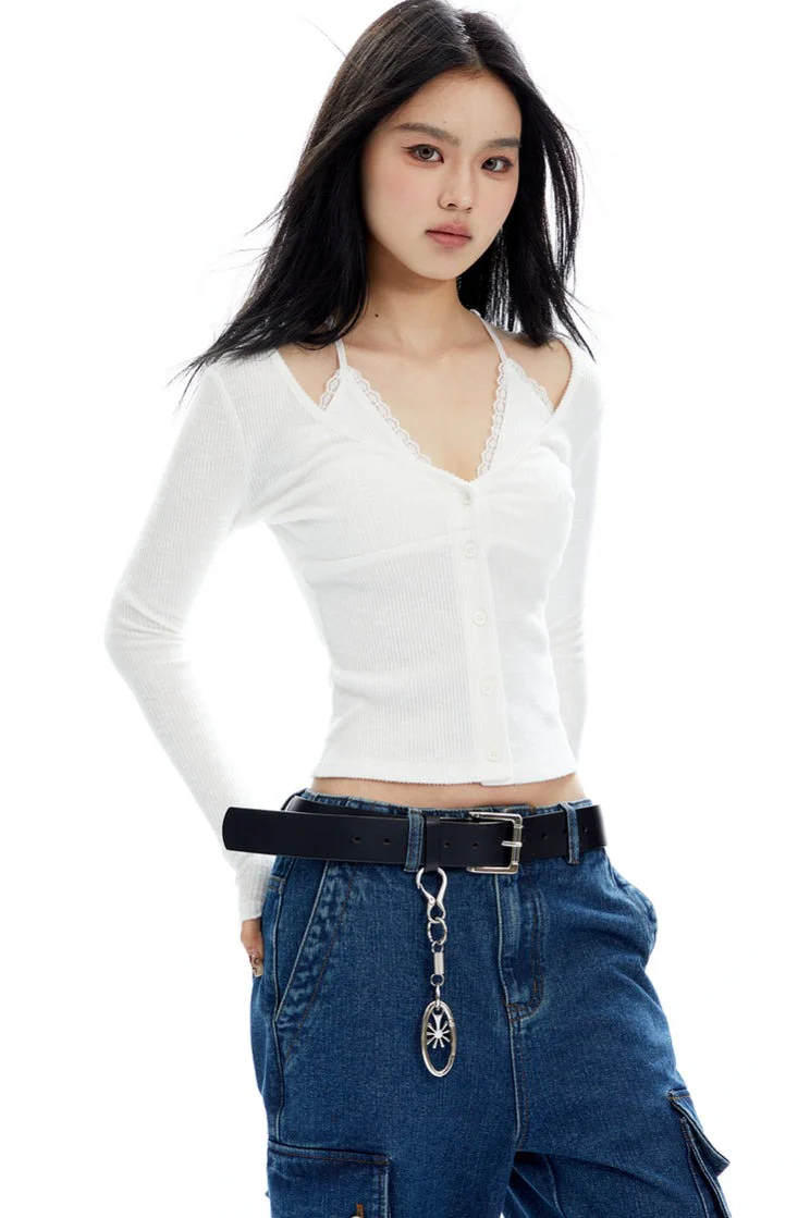 Lace Trim Button-Up Mock Two-Piece Cardigan Top - Image 3