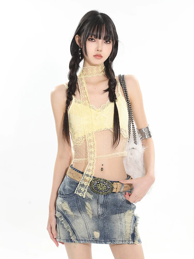 Lace Trimmed Mesh Choker-Neck Halter Crop Top - Image 2