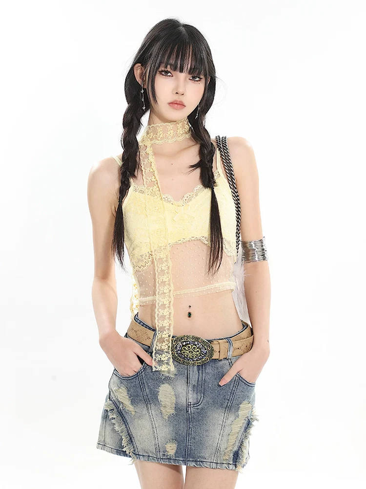 Lace Trimmed Mesh Choker-Neck Halter Crop Top - Image 3