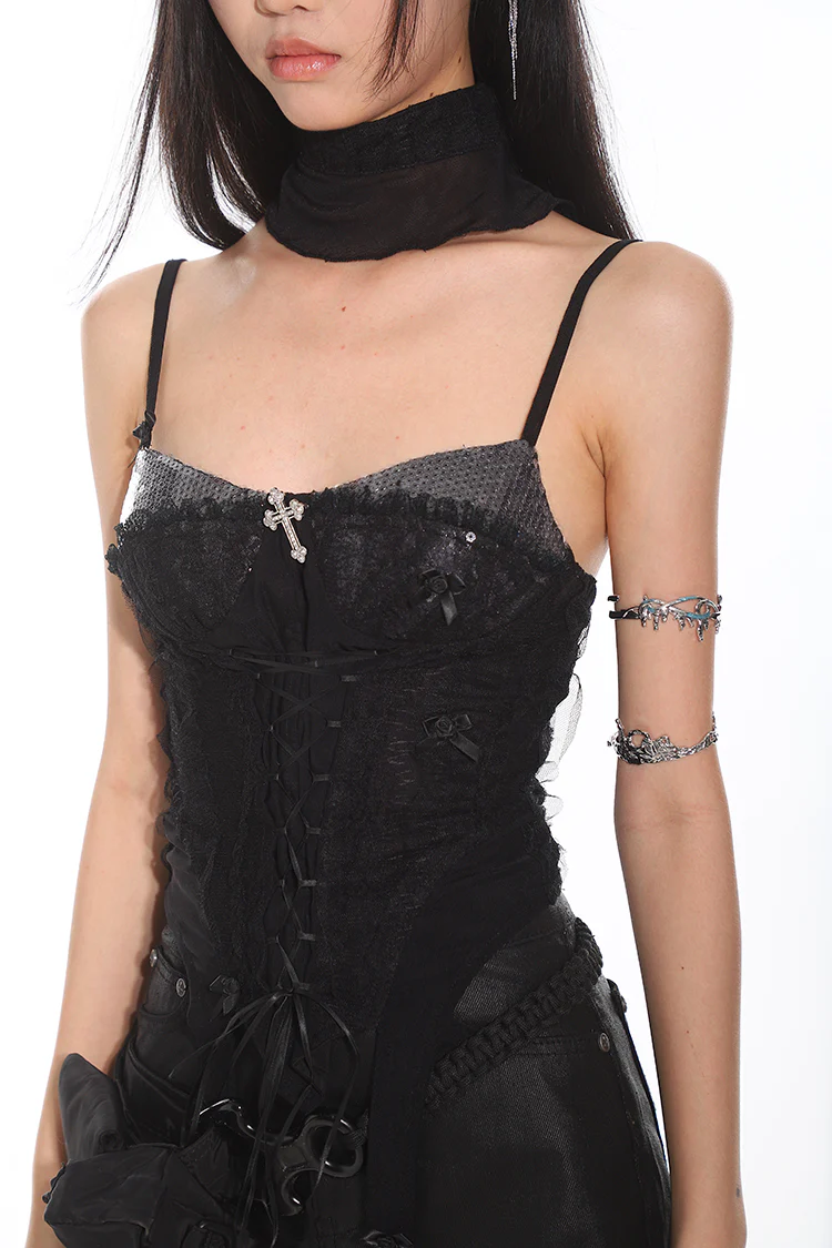 Lace-Up Corset Tank Top with Sheer Overlay - Image 23