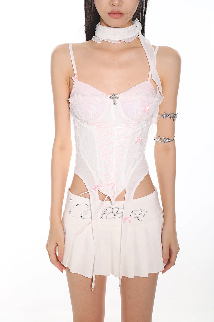Lace-Up Corset Tank Top with Sheer Overlay - Image 32