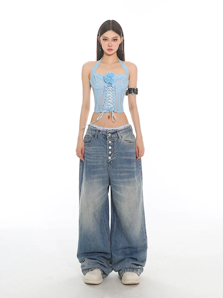 Lace-Up Corset Top with Floral Applique Accent - Image 13