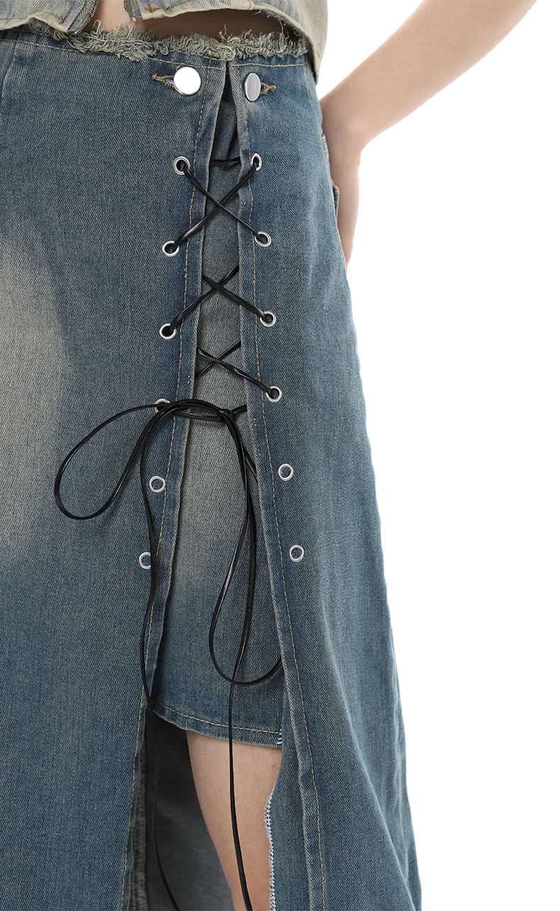 Layered Denim Midi Skirt with Drawstring Slit - Image 9