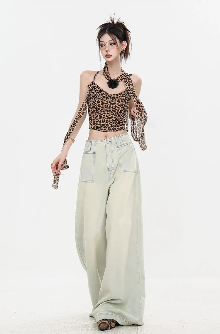 Leopard Print Halter Neck Crop Top with Tie Sleeves - Image 15