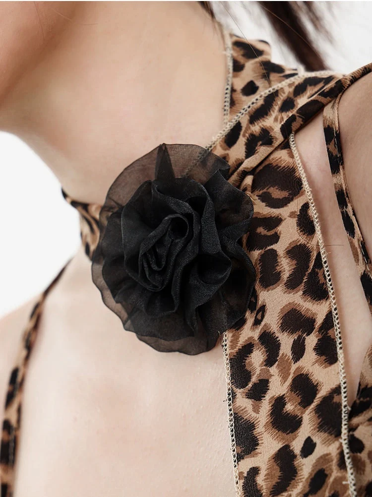 Leopard Print Halter Neck Crop Top with Tie Sleeves - Image 29