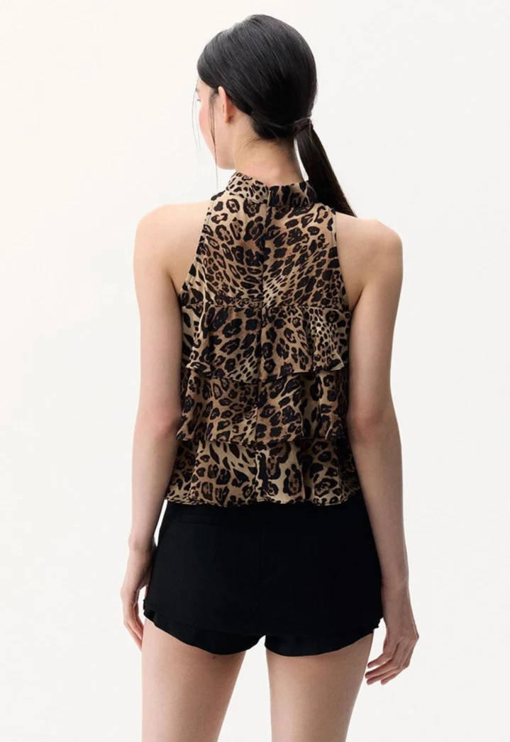 Leopard Print Tiered Ruffle Halter Top - Image 6