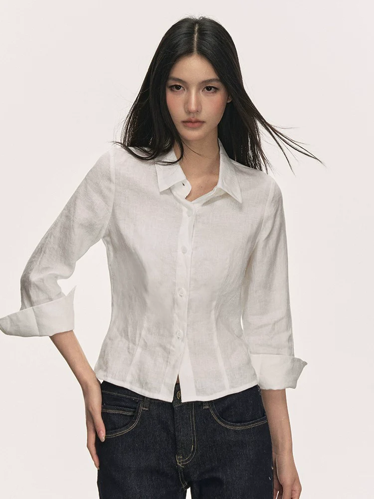 Linen Button-Up Collared Shirt with Cropped Sleeves