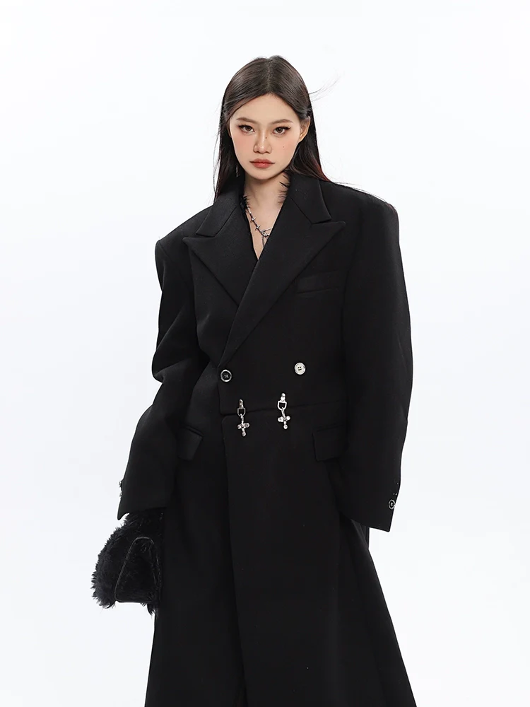 Long Double-Breasted Coat with Silver Accents - Image 16