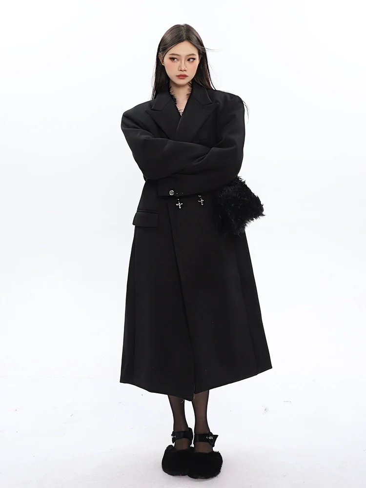 Long Double-Breasted Coat with Silver Accents - Image 19