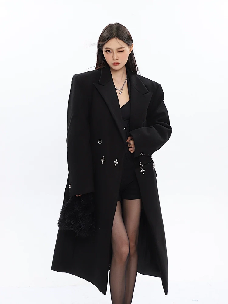 Long Double-Breasted Coat with Silver Accents - Image 22