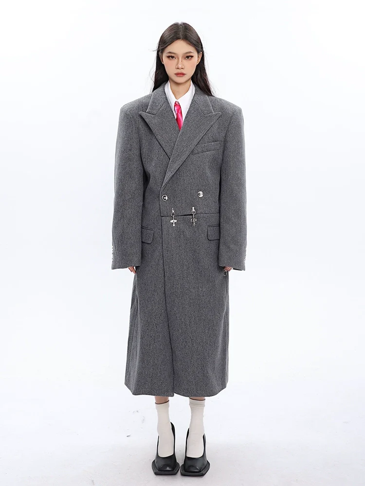 Long Double-Breasted Coat with Silver Accents - Image 7