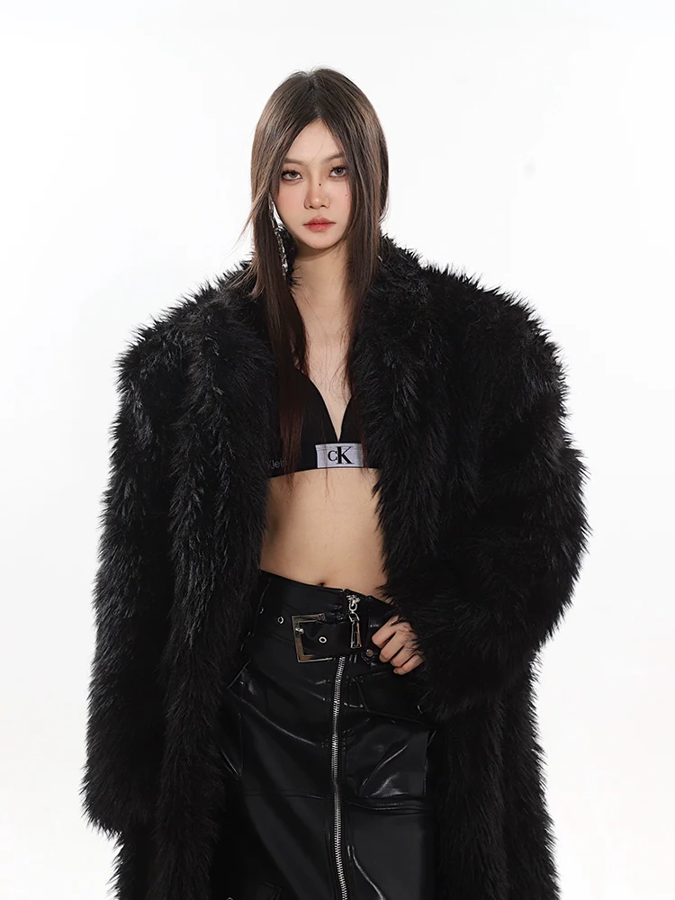 Long Shaggy Faux Fur Coat with Wide Lapels - Image 10