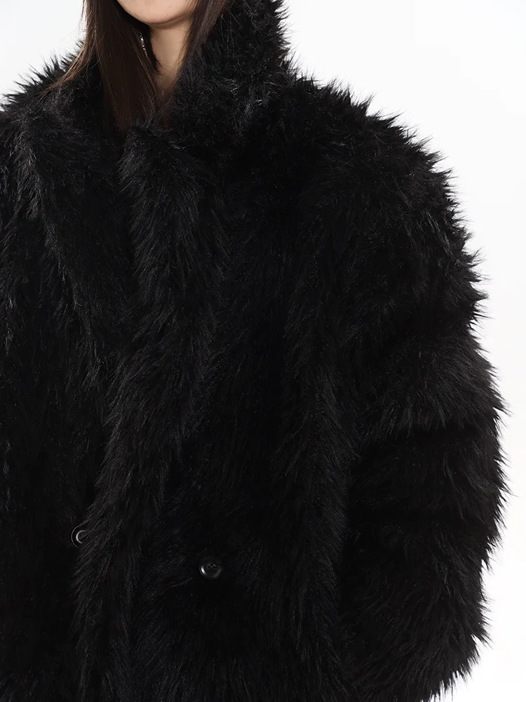 Long Shaggy Faux Fur Coat with Wide Lapels - Image 2