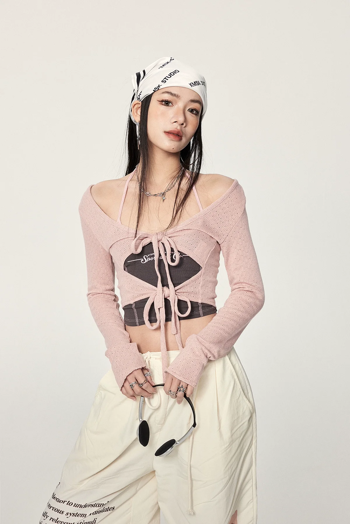 Long Sleeve Crop Top with Lace-Up Detail - Image 8