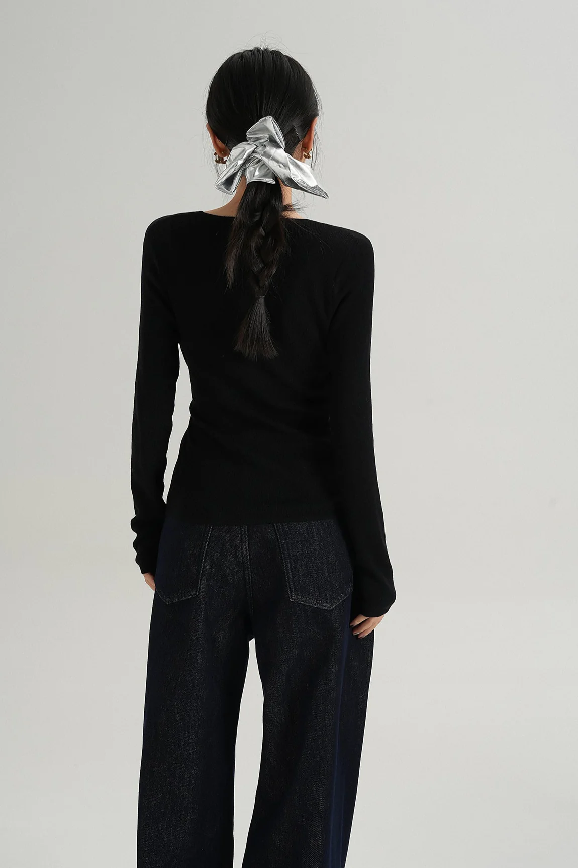 Long Sleeve V-Neck Wrap Knotted Side Tie Top - Image 4