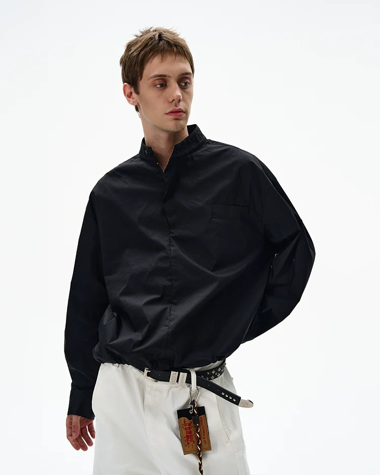 Mandarin Collar Long Sleeve Popover Quarter-Zip Shirt - Image 9