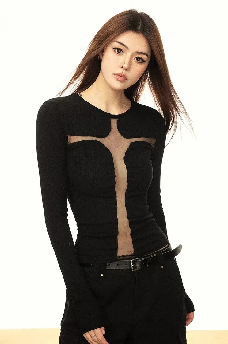 Mesh Panel Cross-Cutout Long Sleeve Crop Top - Image 3