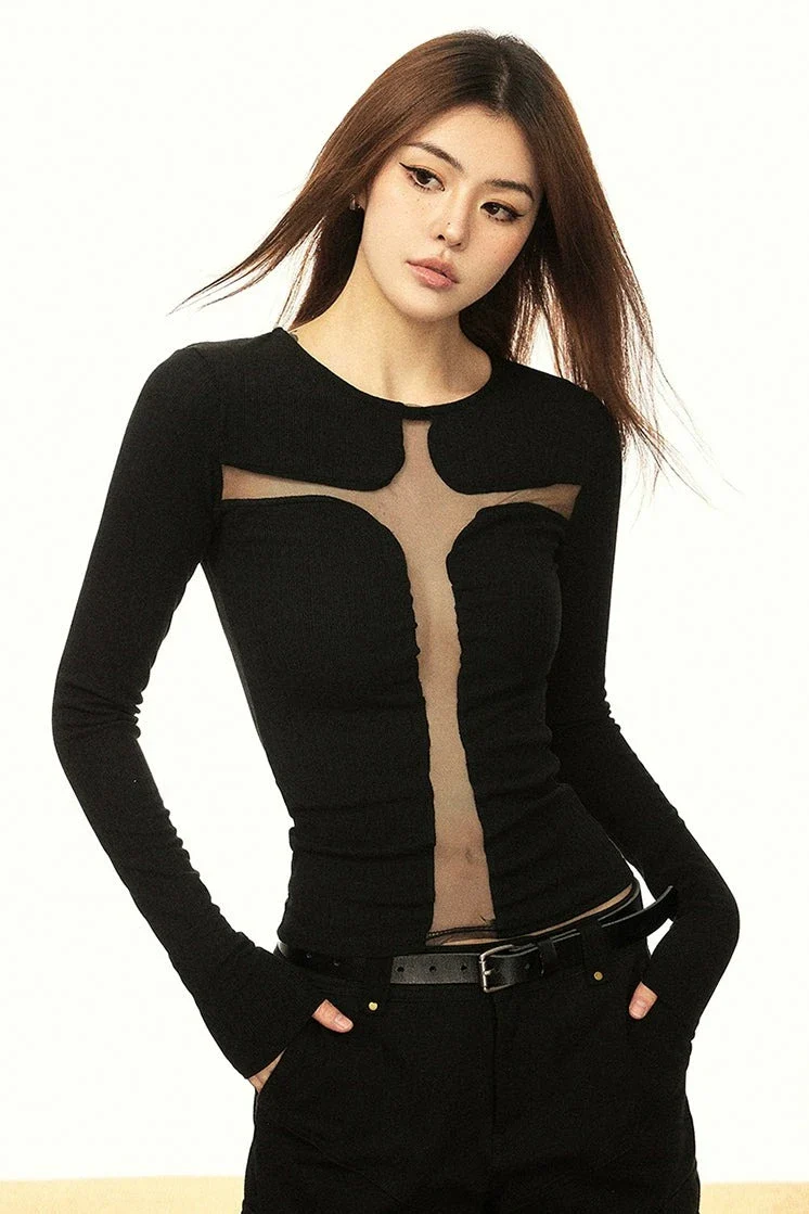 Mesh Panel Cross-Cutout Long Sleeve Crop Top - Image 4