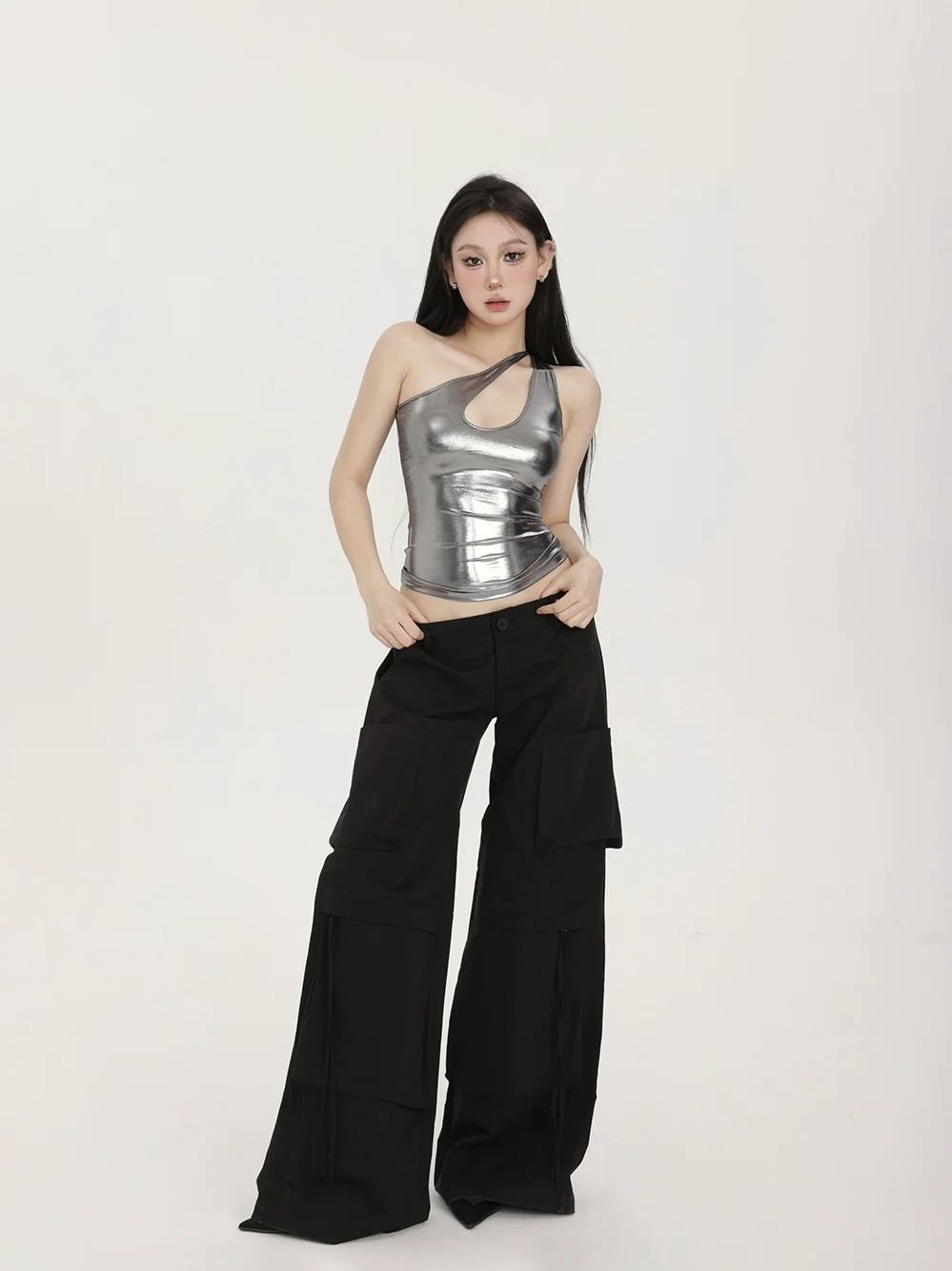 Metallic Asymmetric Cut-Out Halter Neck Crop Top - Image 2