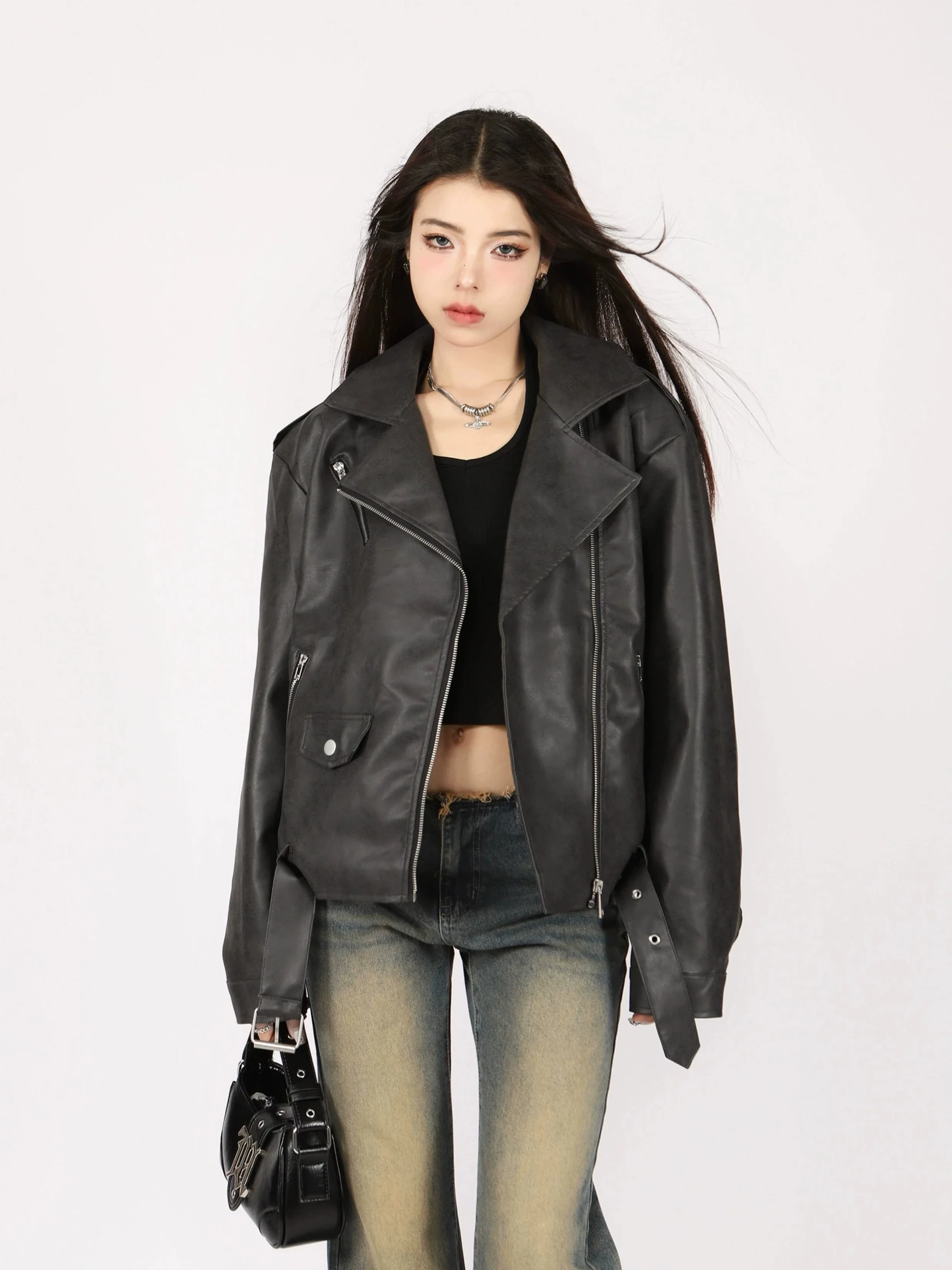 Mid-Crop Classic Faux Leather Biker Jacket - Image 2