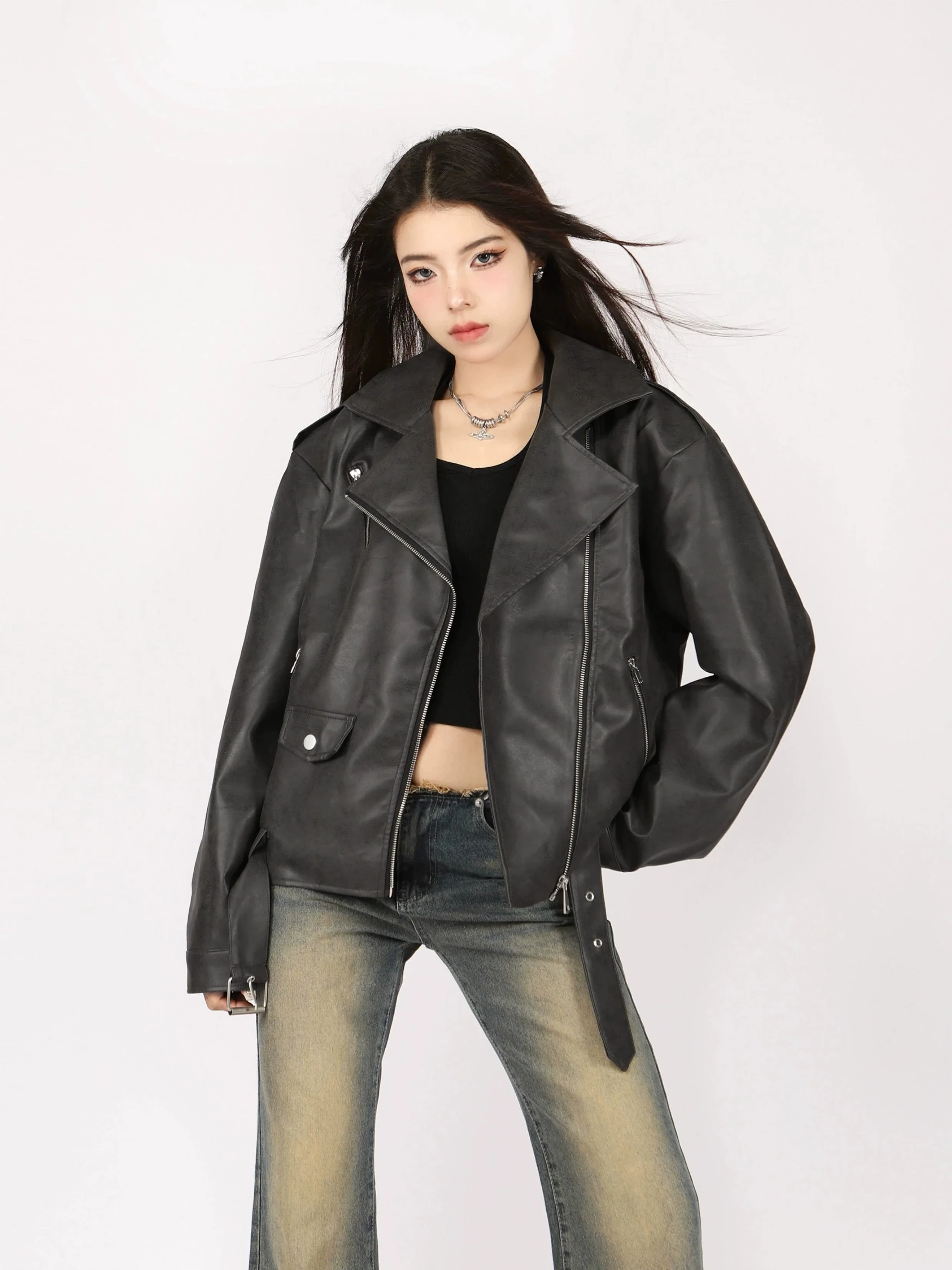 Mid-Crop Classic Faux Leather Biker Jacket - Image 4
