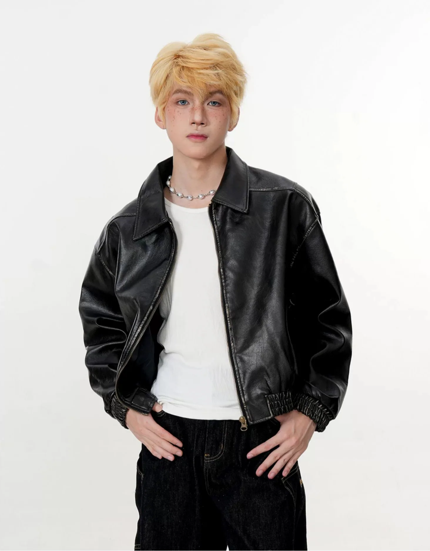 Mid Crop Faux Leather Zip Jacket with Elastic Hem and Cuffs - Image 2