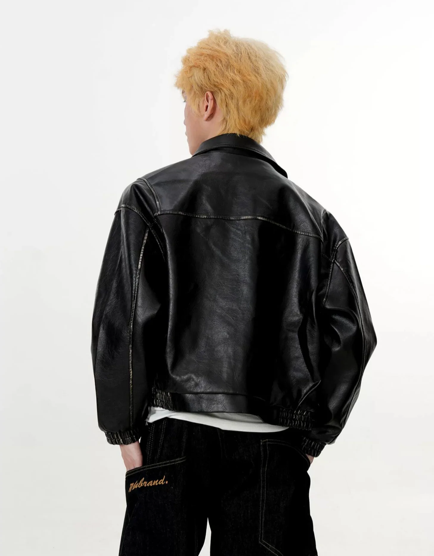 Mid Crop Faux Leather Zip Jacket with Elastic Hem and Cuffs - Image 7
